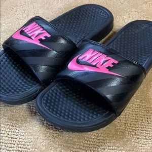 Black and Pink Nike Slides